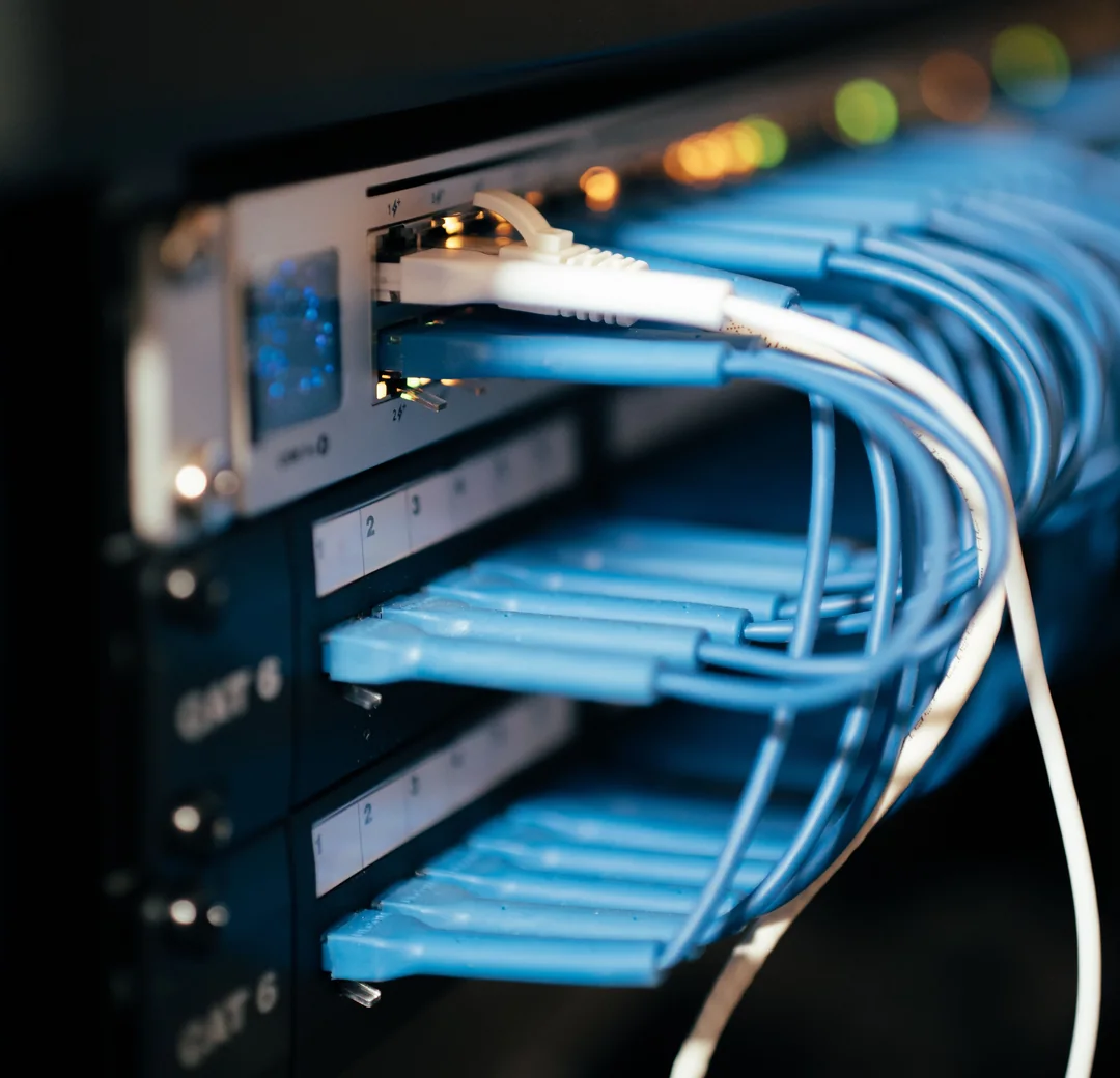Network rack with blue data cables connected to a patch panel